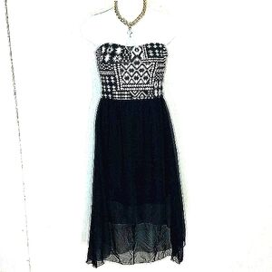Shirred Dress strapless tube Midi high low Western geometric black white Boho